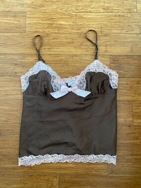 La SENZA Brown Satin Cami with Pink Lace Trim